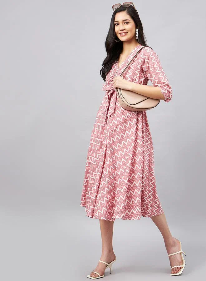 WineRed Women Pink Zigzag Print Front Knot Midi Dress